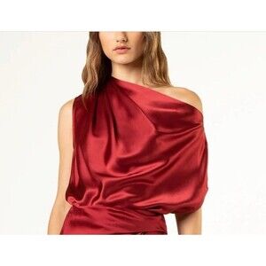 MICHELLE MASON 100% Silk Asymmetrical Drape Pleat One Shoulder RED Top Sz 2